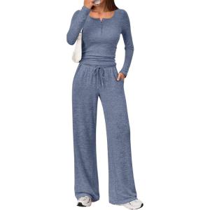 imageTrendy Queen Womens 2 Piece Matching Lounge Sets Fall Fashion Outfits Henley Neck Sweater Top Wide Leg Pants Sweat SuitsNavy Blue