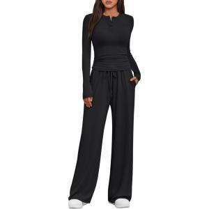 imageTrendy Queen Womens 2 Piece Matching Lounge Sets Fall Fashion Two Pieces Sweat Outfits Long Sleeve Wide Leg Pants TracksuitsBlack