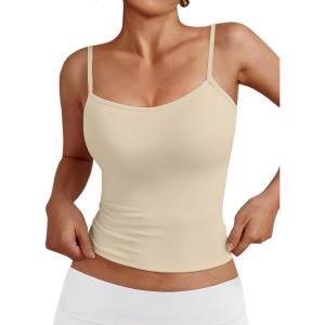 imageTrendy Queen Womens Adjustable Camisole Sleeveless Square Neck Spaghetti Strap Tank Tops Basic ShirtBeige