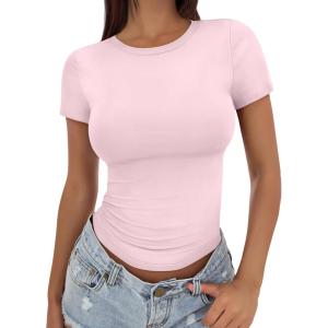 imageTrendy Queen Womens Basic T Shirts Summer Tops 2025 Crop Short Sleeve Slim Fit Tee Cute Gym Workout ClothesLightpink
