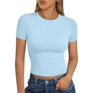 imageTrendy Queen Womens Basic T Shirts Summer Tops 2025 Short Sleeve Crop Tops Slim Fit Gym Workout Y2k ClothesBaby Blue