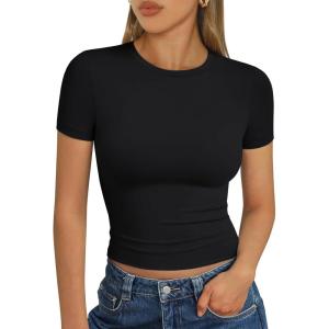imageTrendy Queen Womens Basic T Shirts Summer Tops 2025 Short Sleeve Crop Tops Slim Fit Gym Workout Y2k ClothesBlack