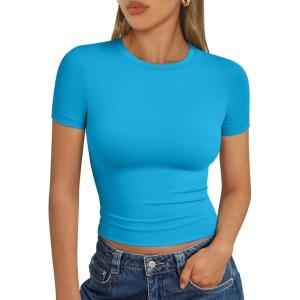 imageTrendy Queen Womens Basic T Shirts Summer Tops 2025 Short Sleeve Crop Tops Slim Fit Gym Workout Y2k ClothesBlue
