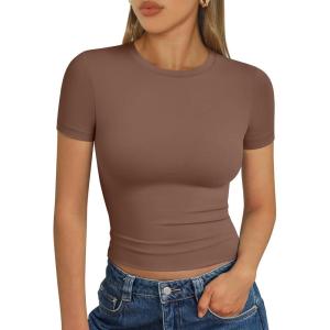 imageTrendy Queen Womens Basic T Shirts Summer Tops 2025 Short Sleeve Crop Tops Slim Fit Gym Workout Y2k ClothesCoffee