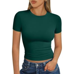imageTrendy Queen Womens Basic T Shirts Summer Tops 2025 Short Sleeve Crop Tops Slim Fit Gym Workout Y2k ClothesDark Green