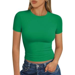 imageTrendy Queen Womens Basic T Shirts Summer Tops 2025 Short Sleeve Crop Tops Slim Fit Gym Workout Y2k ClothesGreen