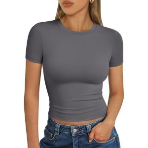 imageTrendy Queen Womens Basic T Shirts Summer Tops 2025 Short Sleeve Crop Tops Slim Fit Gym Workout Y2k ClothesGrey02