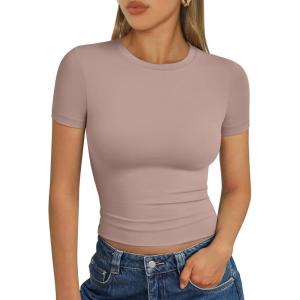 imageTrendy Queen Womens Basic T Shirts Summer Tops 2025 Short Sleeve Crop Tops Slim Fit Gym Workout Y2k ClothesLatte