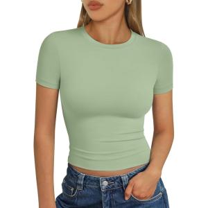 imageTrendy Queen Womens Basic T Shirts Summer Tops 2025 Short Sleeve Crop Tops Slim Fit Gym Workout Y2k ClothesLight Green