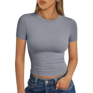 imageTrendy Queen Womens Basic T Shirts Summer Tops 2025 Short Sleeve Crop Tops Slim Fit Gym Workout Y2k ClothesLight Grey
