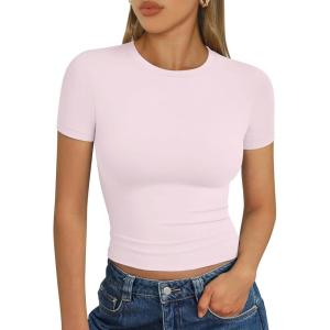 imageTrendy Queen Womens Basic T Shirts Summer Tops 2025 Short Sleeve Crop Tops Slim Fit Gym Workout Y2k ClothesLight Pink