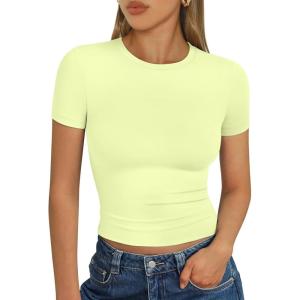imageTrendy Queen Womens Basic T Shirts Summer Tops 2025 Short Sleeve Crop Tops Slim Fit Gym Workout Y2k ClothesLime Green