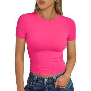 imageTrendy Queen Womens Basic T Shirts Summer Tops 2025 Short Sleeve Crop Tops Slim Fit Gym Workout Y2k ClothesNeon Pink