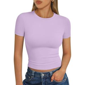 imageTrendy Queen Womens Basic T Shirts Summer Tops 2025 Short Sleeve Crop Tops Slim Fit Gym Workout Y2k ClothesPurple