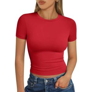 imageTrendy Queen Womens Basic T Shirts Summer Tops 2025 Short Sleeve Crop Tops Slim Fit Gym Workout Y2k ClothesRed