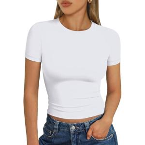 imageTrendy Queen Womens Basic T Shirts Summer Tops 2025 Short Sleeve Crop Tops Slim Fit Gym Workout Y2k ClothesWhite