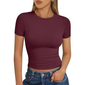 imageTrendy Queen Womens Basic T Shirts Summer Tops 2025 Short Sleeve Crop Tops Slim Fit Gym Workout Y2k ClothesWine Red