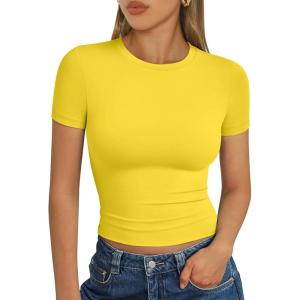 imageTrendy Queen Womens Basic T Shirts Summer Tops 2025 Short Sleeve Crop Tops Slim Fit Gym Workout Y2k ClothesYellow