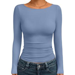 imageTrendy Queen Womens Boat Neck Tops Long Sleeve Shirts Casual Fitted Tee Shirts Solid Color Fall Basic ClothesBluepurple