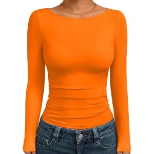imageTrendy Queen Womens Boat Neck Tops Long Sleeve Shirts Casual Fitted Tee Shirts Solid Color Fall Basic ClothesOrange