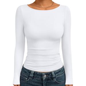 imageTrendy Queen Womens Boat Neck Tops Long Sleeve Shirts Casual Fitted Tee Shirts Solid Color Fall Basic ClothesWhite