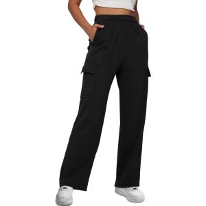 imageTrendy Queen Womens Cargo Sweatpants Wide Leg Baggy Fleece High Waisted Sweats Pants Winter Clothes with PocketsBlack