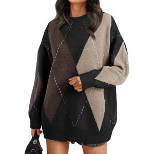 imageTrendy Queen Womens Color Block Argyle Plaid Oversized Chunky Knit Crewneck Sweaters 2025Black Nutmeg
