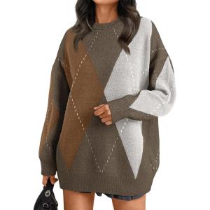 imageTrendy Queen Womens Color Block Argyle Plaid Oversized Chunky Knit Crewneck Sweaters 2025Nutmeg Brown