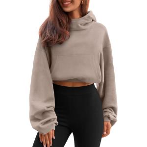 imageTrendy Queen Womens Cropped Hoodie Long Sleeve Sweatshirts Fall Fashion 2024 Casual Y2k Outfits Winter ClothesCoffee Grey