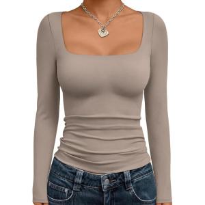 imageTrendy Queen Womens Double Lined Square Neck Long Sleeve Slightly Crop Slim Fit Tops Casual Layer Basic Tee Shirts 2025Coffee Grey