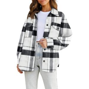 imageTrendy Queen Womens Flannel Shacket Casual Jacket Plaid Button Down Long Sleeve Shirt Fall Winter OutfitsBlackwhite