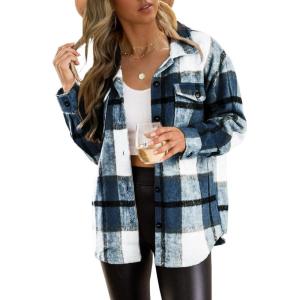imageTrendy Queen Womens Flannel Shacket Casual Jacket Plaid Button Down Long Sleeve Shirt Fall Winter OutfitsBlue