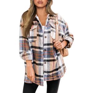 imageTrendy Queen Womens Flannel Shacket Casual Jacket Plaid Button Down Long Sleeve Shirt Fall Winter OutfitsBluebrown