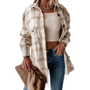 imageTrendy Queen Womens Flannel Shacket Casual Jacket Plaid Button Down Long Sleeve Shirt Fall Winter OutfitsKhaki