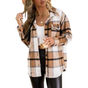 imageTrendy Queen Womens Flannel Shacket Casual Jacket Plaid Button Down Long Sleeve Shirt Fall Winter OutfitsMulticolor