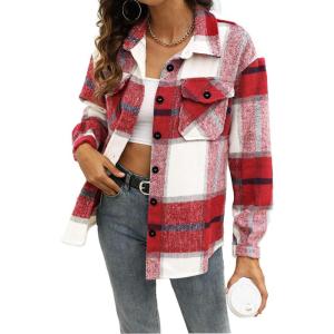imageTrendy Queen Womens Flannel Shacket Casual Jacket Plaid Button Down Long Sleeve Shirt Fall Winter OutfitsRed