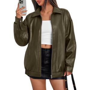 imageTrendy Queen Womens Leather Jackets Oversized Faux Motorcycle Plus Size Moto Biker Coat Fall Outfits Fashion Clothes 2025Armygreen