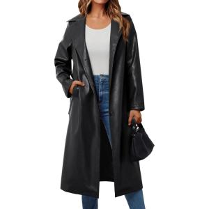 imageTrendy Queen Womens Long Leather Jackets Trench Coat Blazer Lapel Faux Open Front with BeltBlack