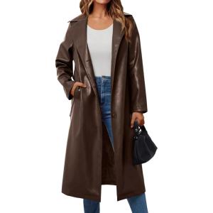 imageTrendy Queen Womens Long Leather Jackets Trench Coat Blazer Lapel Faux Open Front with BeltBrown