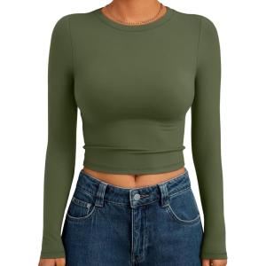 imageTrendy Queen Womens Long Sleeve Crop Tops Basic Slim Fitted Shirts Fashion 2025 Going Out Y2k Tops Teen Girl ClothesArmy Green