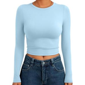 imageTrendy Queen Womens Long Sleeve Crop Tops Basic Slim Fitted Shirts Fashion 2025 Going Out Y2k Tops Teen Girl ClothesBaby Blue