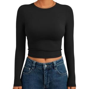 imageTrendy Queen Womens Long Sleeve Crop Tops Basic Slim Fitted Shirts Fashion 2025 Going Out Y2k Tops Teen Girl ClothesBlack