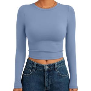 imageTrendy Queen Womens Long Sleeve Crop Tops Basic Slim Fitted Shirts Fashion 2025 Going Out Y2k Tops Teen Girl ClothesBlue Gray