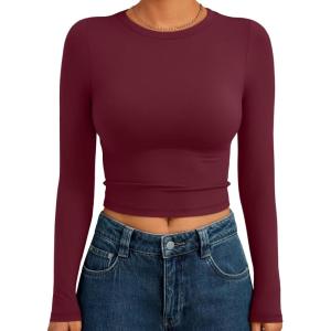 imageTrendy Queen Womens Long Sleeve Crop Tops Basic Slim Fitted Shirts Fashion 2025 Going Out Y2k Tops Teen Girl ClothesBurgundy