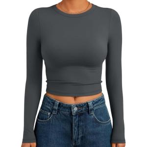 imageTrendy Queen Womens Long Sleeve Crop Tops Basic Slim Fitted Shirts Fashion 2025 Going Out Y2k Tops Teen Girl ClothesGray