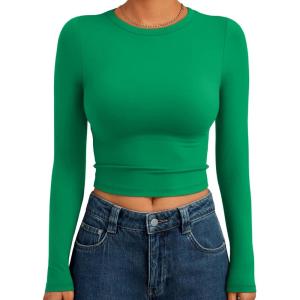 imageTrendy Queen Womens Long Sleeve Crop Tops Basic Slim Fitted Shirts Fashion 2025 Going Out Y2k Tops Teen Girl ClothesGreen