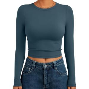 imageTrendy Queen Womens Long Sleeve Crop Tops Basic Slim Fitted Shirts Fashion 2025 Going Out Y2k Tops Teen Girl ClothesHaze Blue