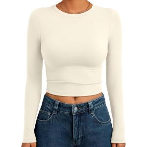 imageTrendy Queen Womens Long Sleeve Crop Tops Basic Slim Fitted Shirts Fashion 2025 Going Out Y2k Tops Teen Girl ClothesLight Apricot