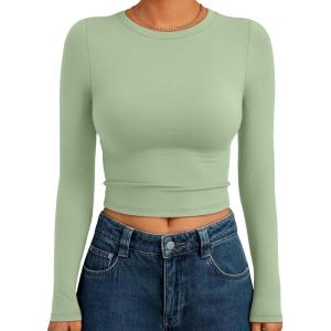 imageTrendy Queen Womens Long Sleeve Crop Tops Basic Slim Fitted Shirts Fashion 2025 Going Out Y2k Tops Teen Girl ClothesLight Green