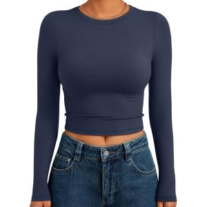 imageTrendy Queen Womens Long Sleeve Crop Tops Basic Slim Fitted Shirts Fashion 2025 Going Out Y2k Tops Teen Girl ClothesNavy